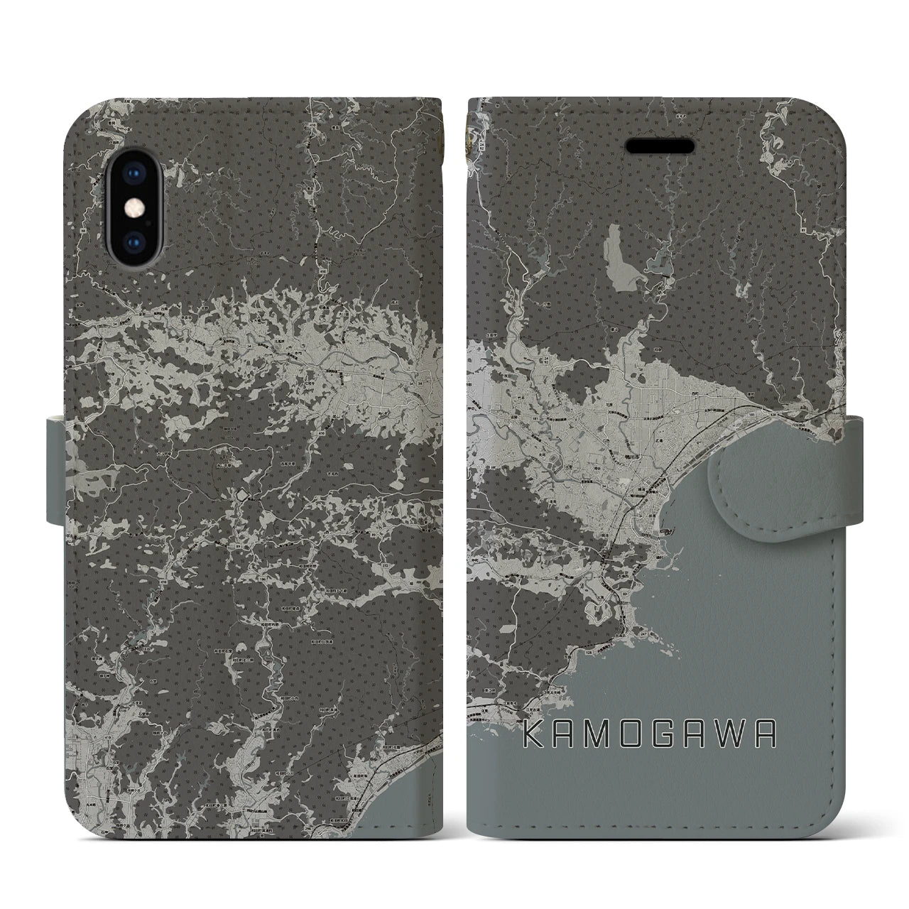【鴨川(千葉県)】地図柄iPhoneケース(手帳タイプ)モノトーン・iPhone XS / X 用