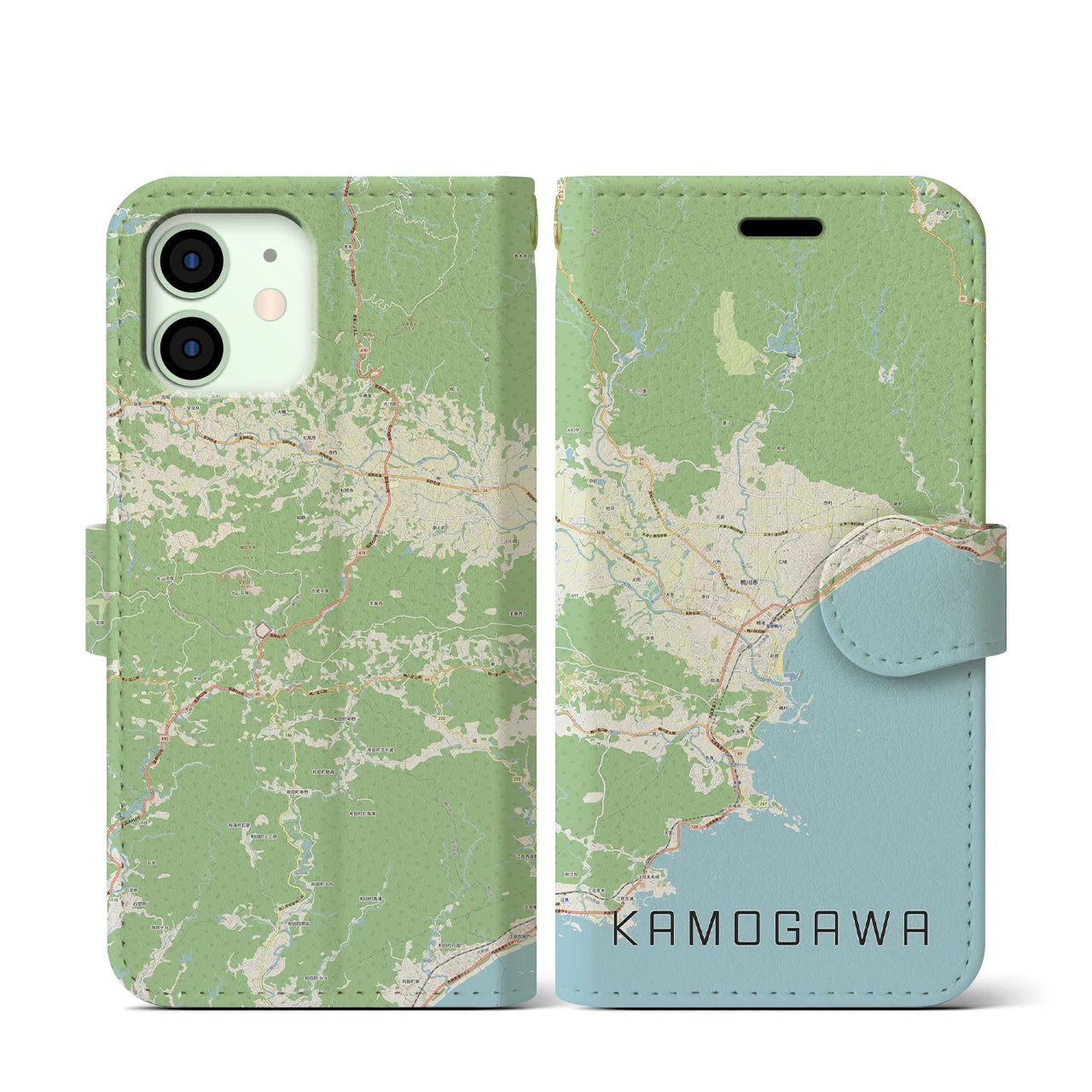 【鴨川(千葉県)】地図柄iPhoneケース(手帳タイプ)ナチュラル・iPhone 12 mini 用
