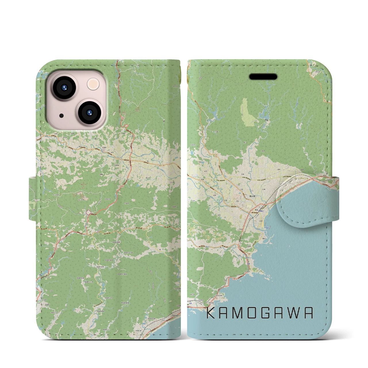 【鴨川(千葉県)】地図柄iPhoneケース(手帳タイプ)ナチュラル・iPhone 13 mini 用