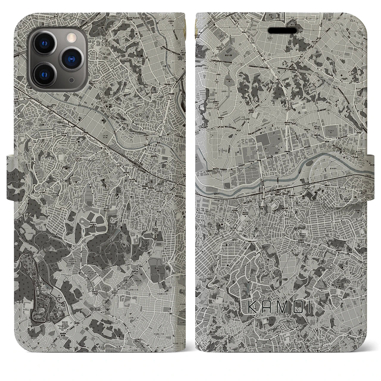 【鴨居(神奈川県)】地図柄iPhoneケース(手帳タイプ)モノトーン・iPhone 11 Pro Max 用