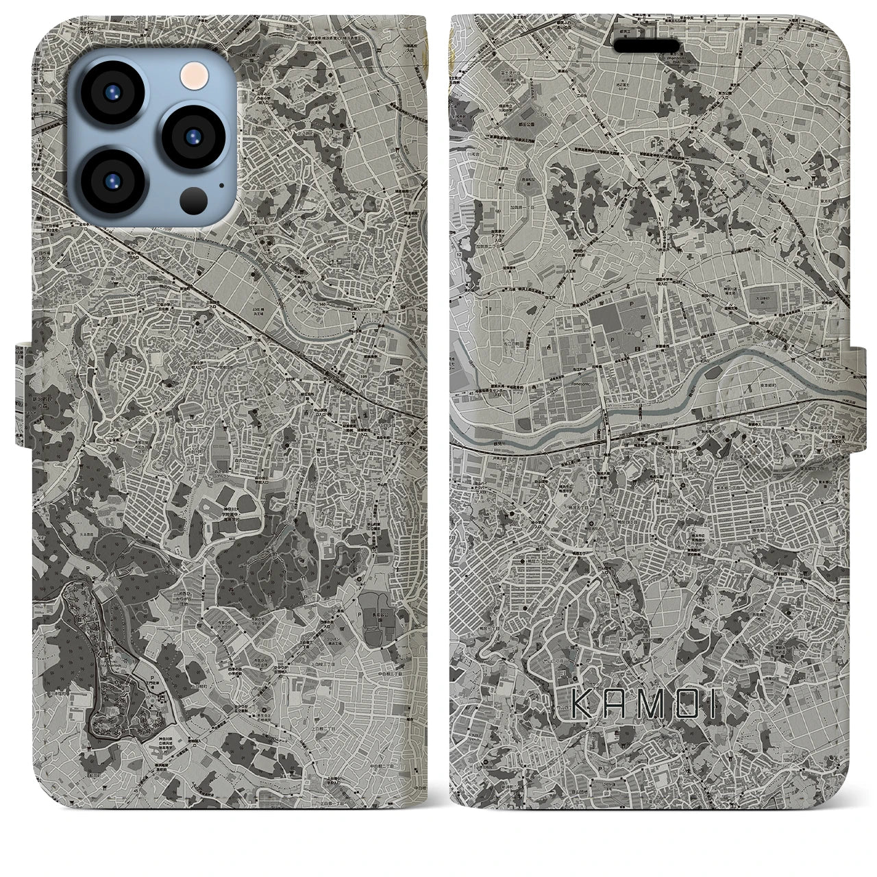 【鴨居(神奈川県)】地図柄iPhoneケース(手帳タイプ)モノトーン・iPhone 13 Pro Max 用