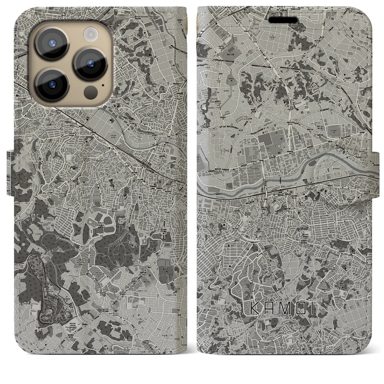 【鴨居(神奈川県)】地図柄iPhoneケース(手帳タイプ)モノトーン・iPhone 14 Pro Max 用