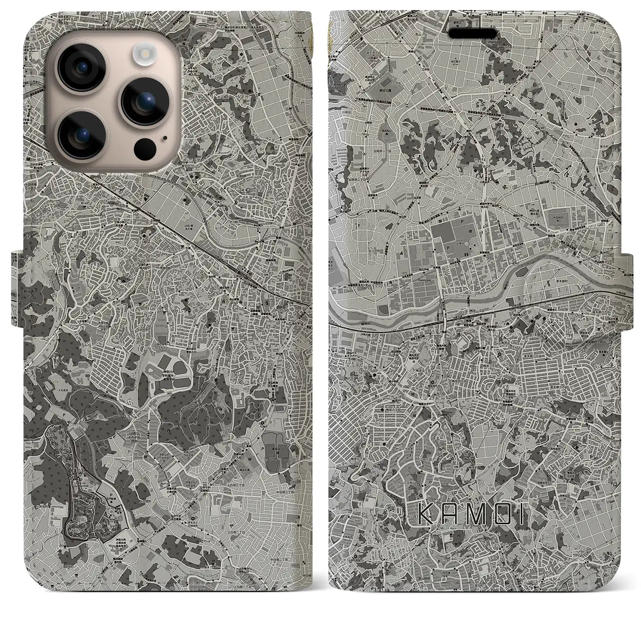 【鴨居(神奈川県)】地図柄iPhoneケース(手帳タイプ)モノトーン・iPhone 16 Plus 用