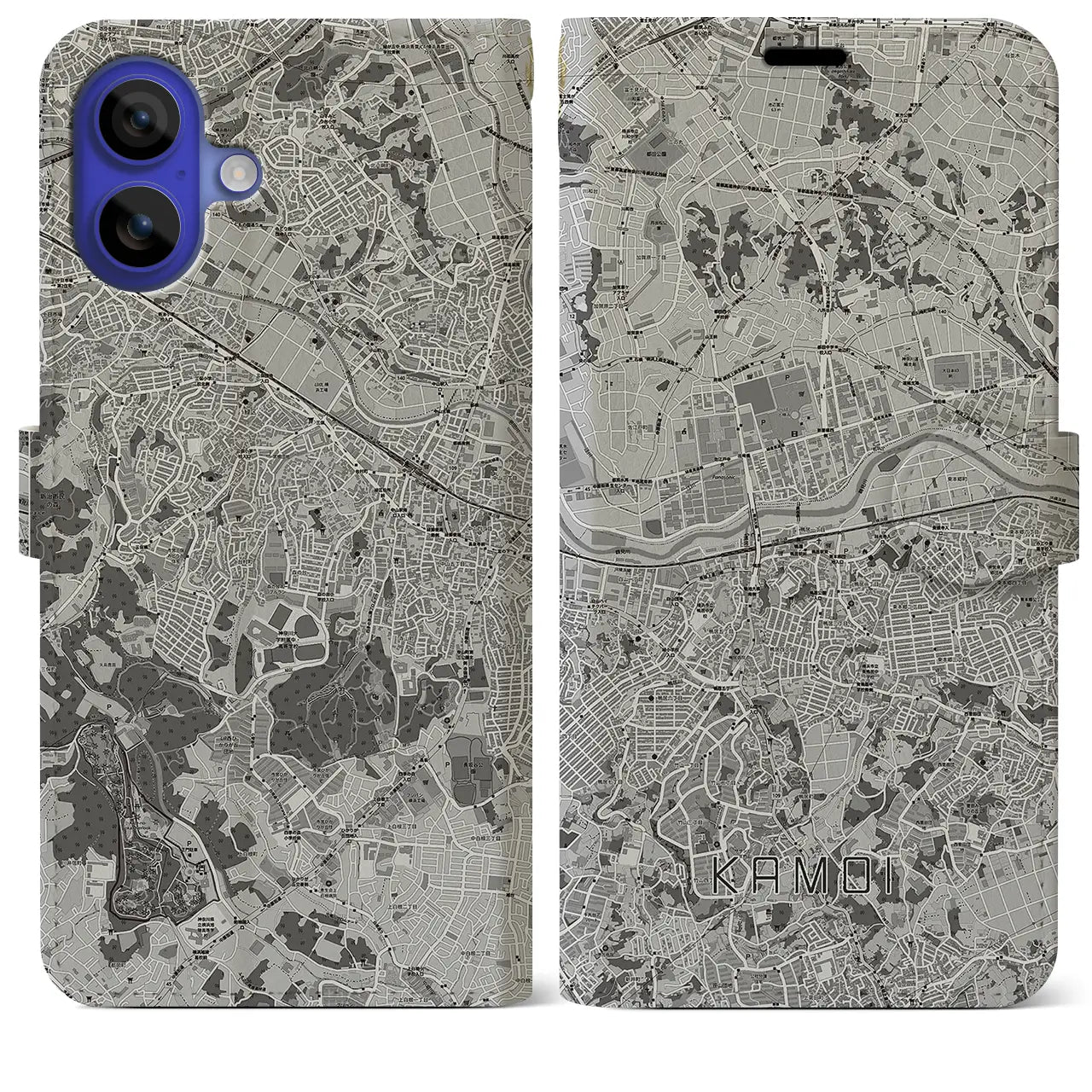 【鴨居(神奈川県)】地図柄iPhoneケース(手帳タイプ)モノトーン・iPhone 16 Pro Max 用