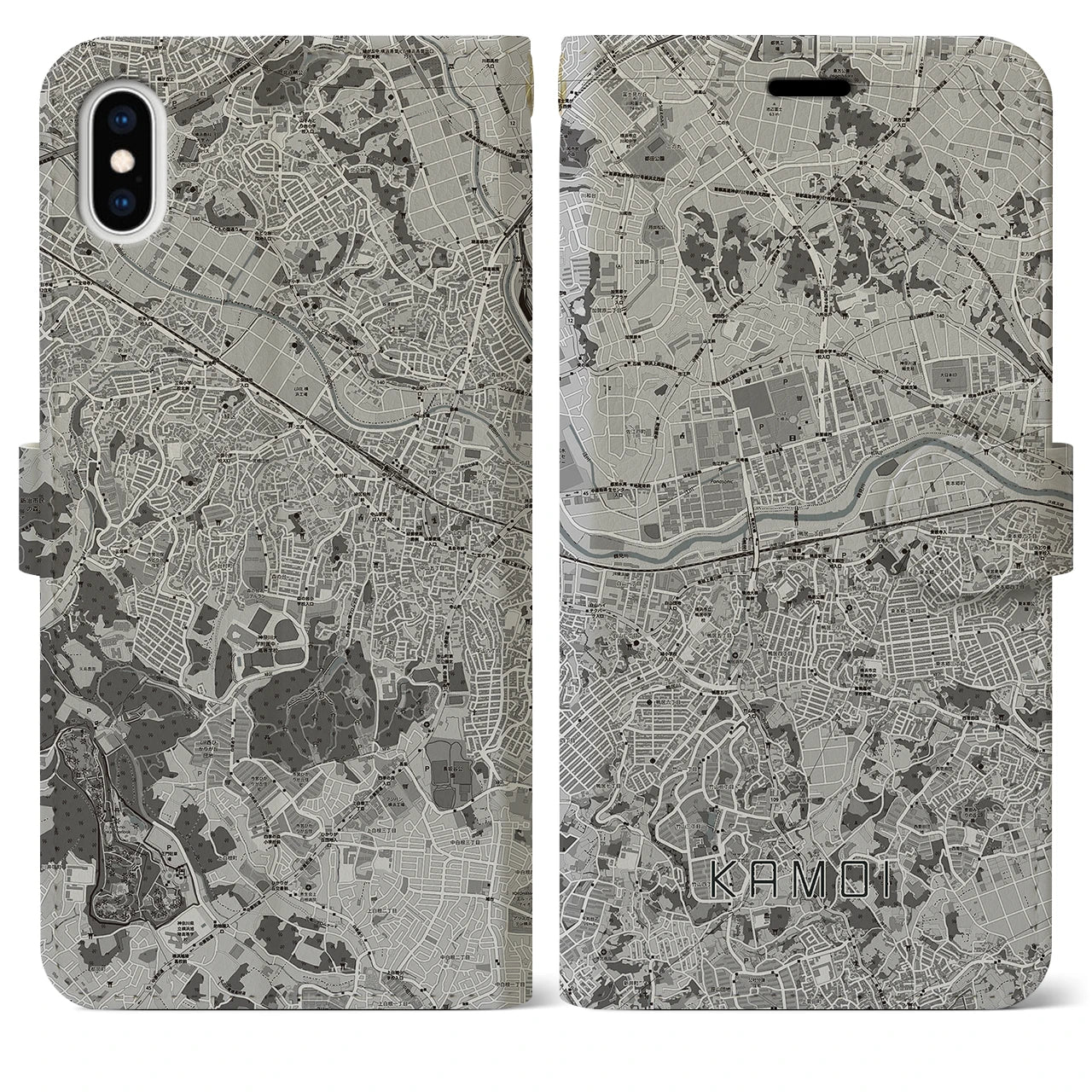 【鴨居(神奈川県)】地図柄iPhoneケース(手帳タイプ)モノトーン・iPhone XS Max 用