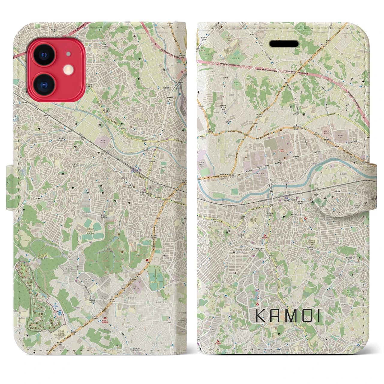 【鴨居(神奈川県)】地図柄iPhoneケース(手帳タイプ)ナチュラル・iPhone 11 用