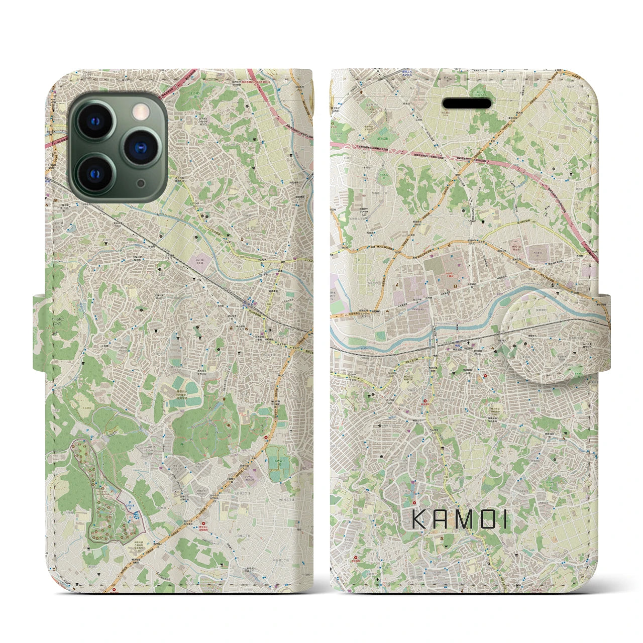 【鴨居(神奈川県)】地図柄iPhoneケース(手帳タイプ)ナチュラル・iPhone 11 Pro 用