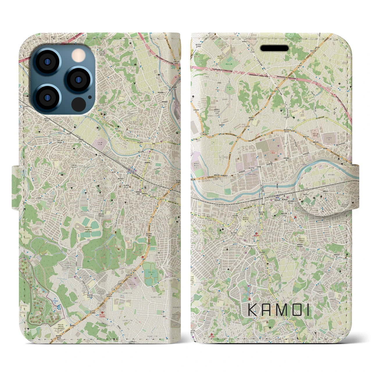 【鴨居(神奈川県)】地図柄iPhoneケース(手帳タイプ)ナチュラル・iPhone 12 / 12 Pro 用