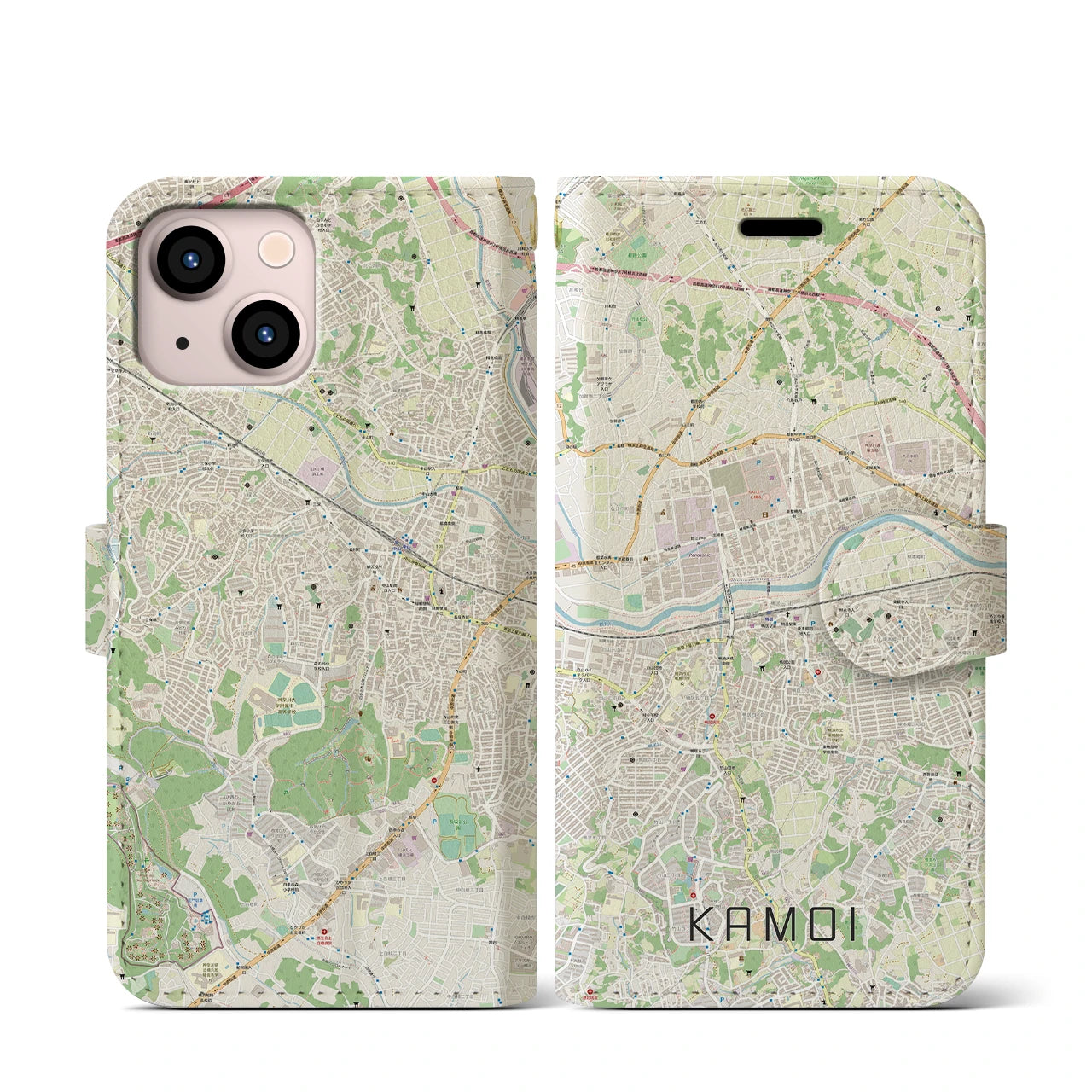 【鴨居(神奈川県)】地図柄iPhoneケース(手帳タイプ)ナチュラル・iPhone 13 mini 用