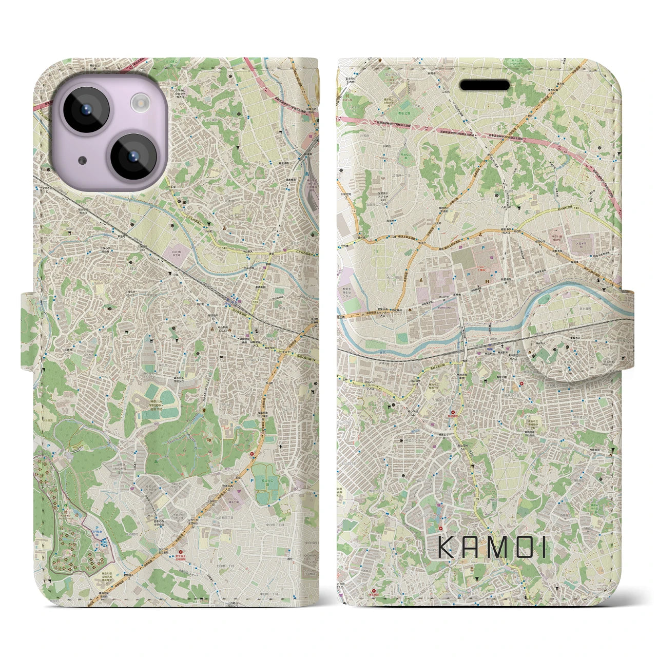 【鴨居(神奈川県)】地図柄iPhoneケース(手帳タイプ)ナチュラル・iPhone 14 用