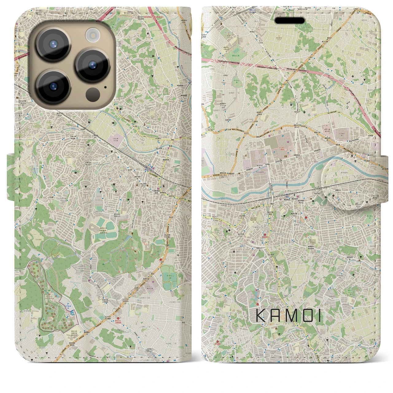 【鴨居(神奈川県)】地図柄iPhoneケース(手帳タイプ)ナチュラル・iPhone 14 Pro Max 用
