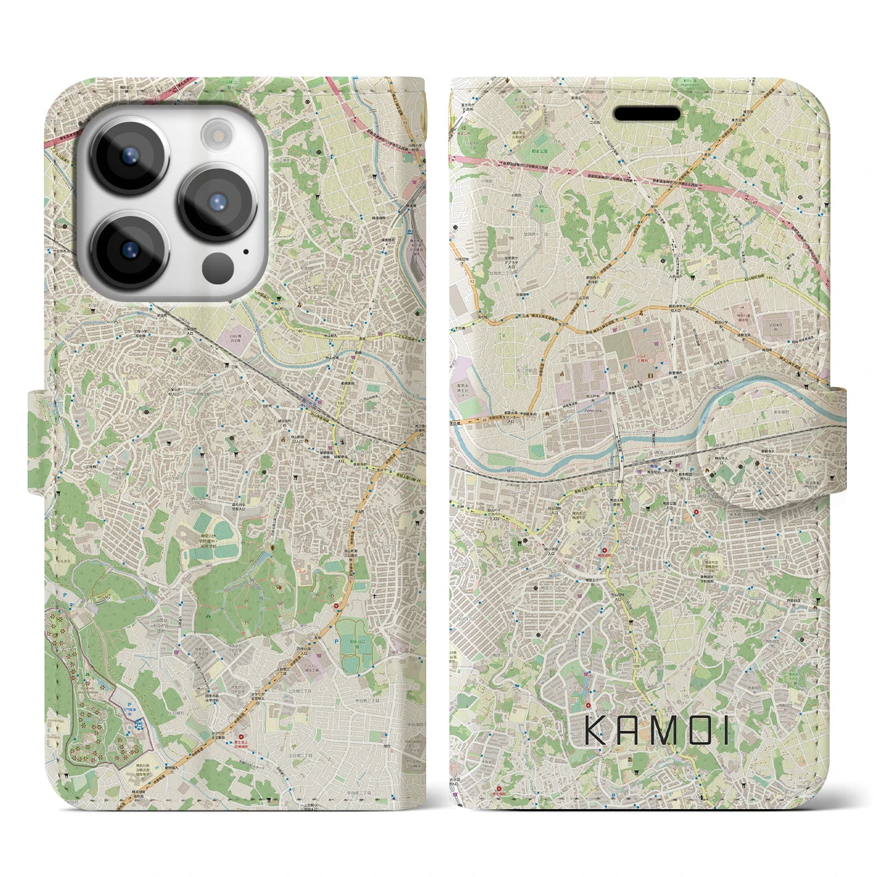 【鴨居(神奈川県)】地図柄iPhoneケース(手帳タイプ)ナチュラル・iPhone 14 Pro 用