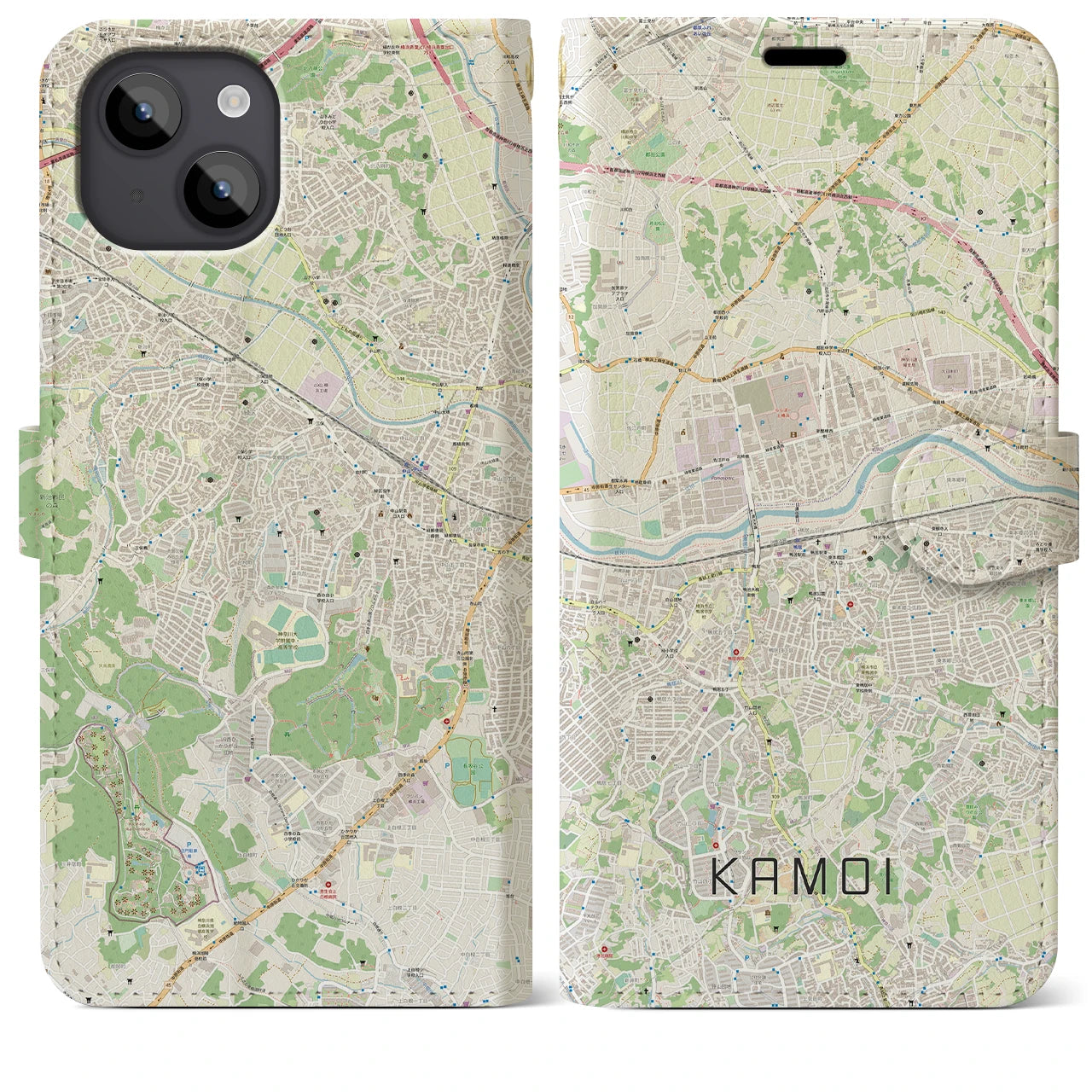 【鴨居(神奈川県)】地図柄iPhoneケース(手帳タイプ)ナチュラル・iPhone 14 Plus 用