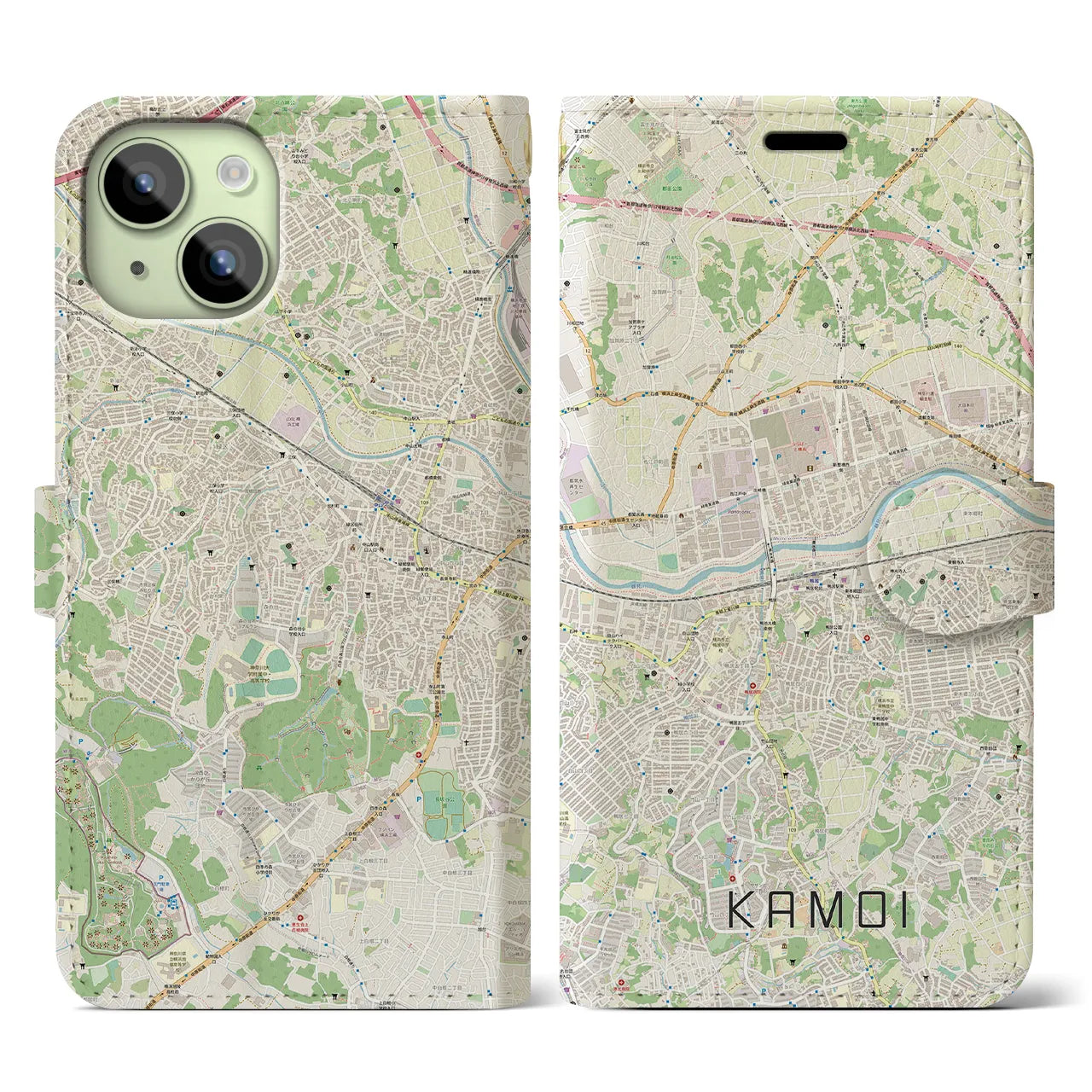 【鴨居(神奈川県)】地図柄iPhoneケース(手帳タイプ)ナチュラル・iPhone 15 用