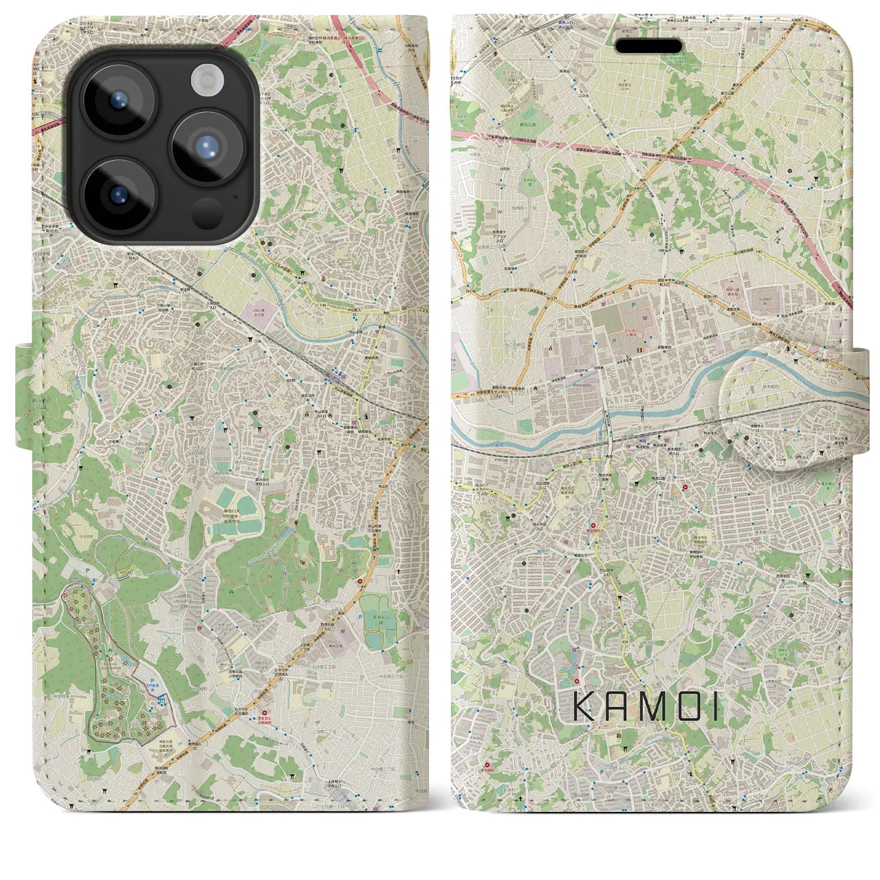 【鴨居(神奈川県)】地図柄iPhoneケース(手帳タイプ)ナチュラル・iPhone 15 Pro Max 用