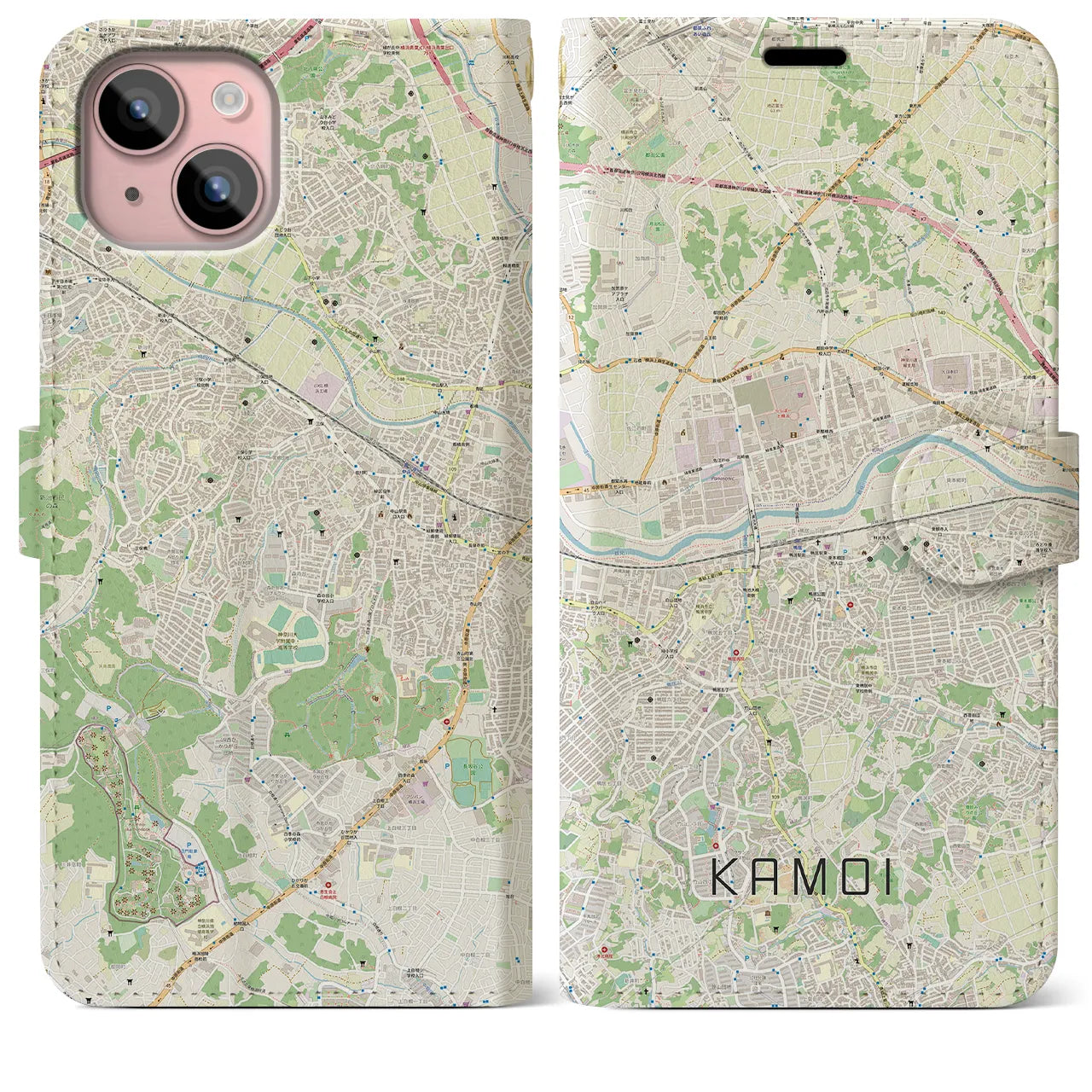 【鴨居(神奈川県)】地図柄iPhoneケース(手帳タイプ)ナチュラル・iPhone 15 Plus 用