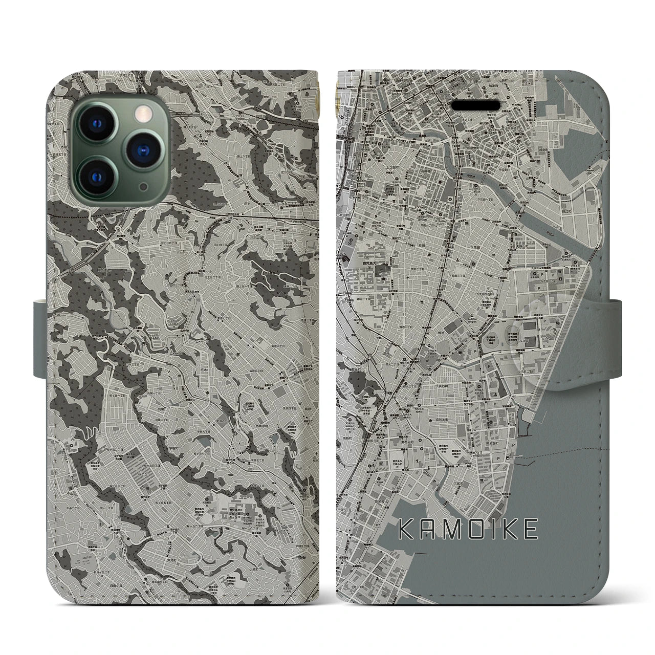 【鴨池(鹿児島県)】地図柄iPhoneケース(手帳タイプ)モノトーン・iPhone 11 Pro 用