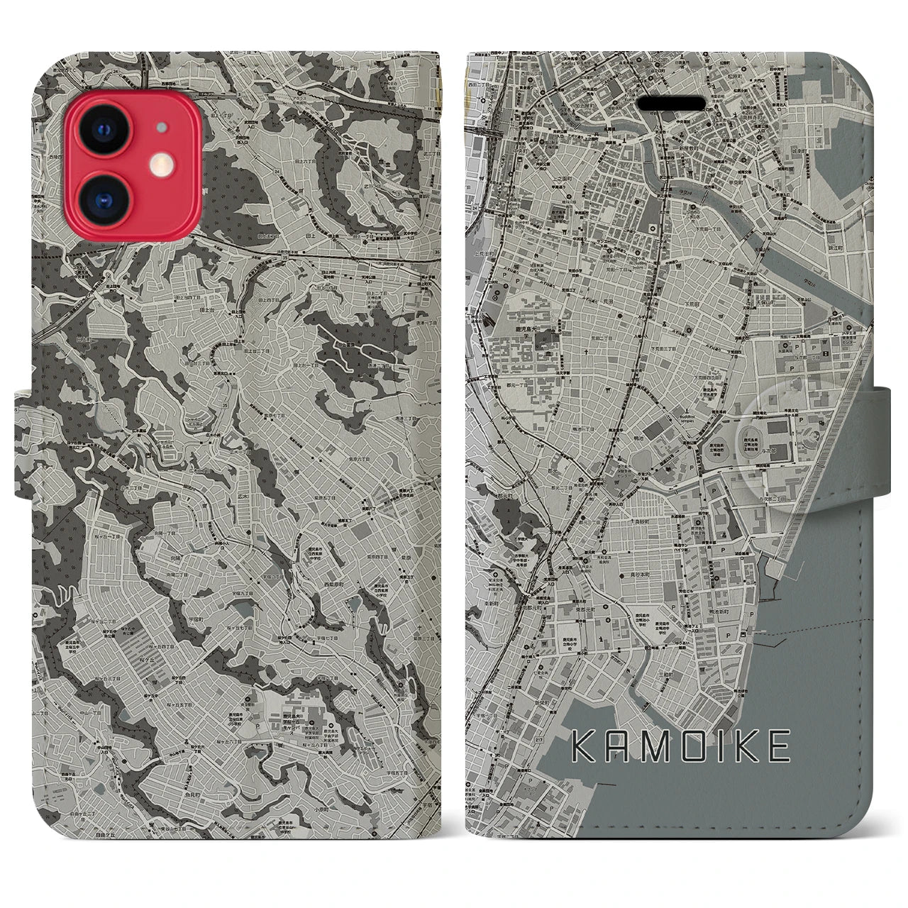 【鴨池(鹿児島県)】地図柄iPhoneケース(手帳タイプ)モノトーン・iPhone 11 用