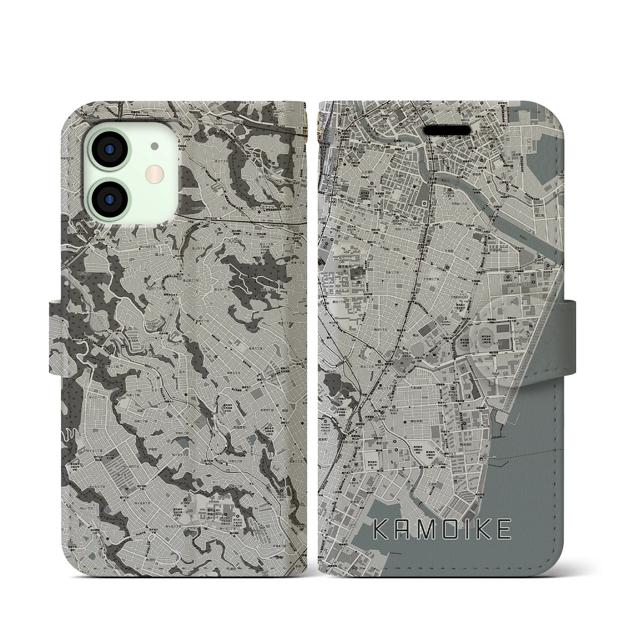 【鴨池(鹿児島県)】地図柄iPhoneケース(手帳タイプ)モノトーン・iPhone 12 mini 用