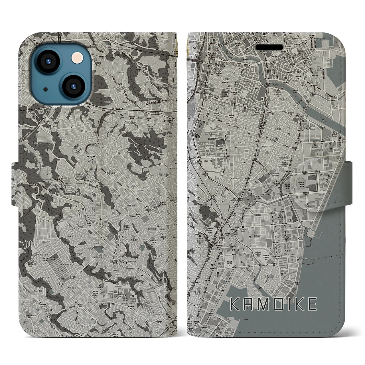 【鴨池(鹿児島県)】地図柄iPhoneケース(手帳タイプ)モノトーン・iPhone 13 用