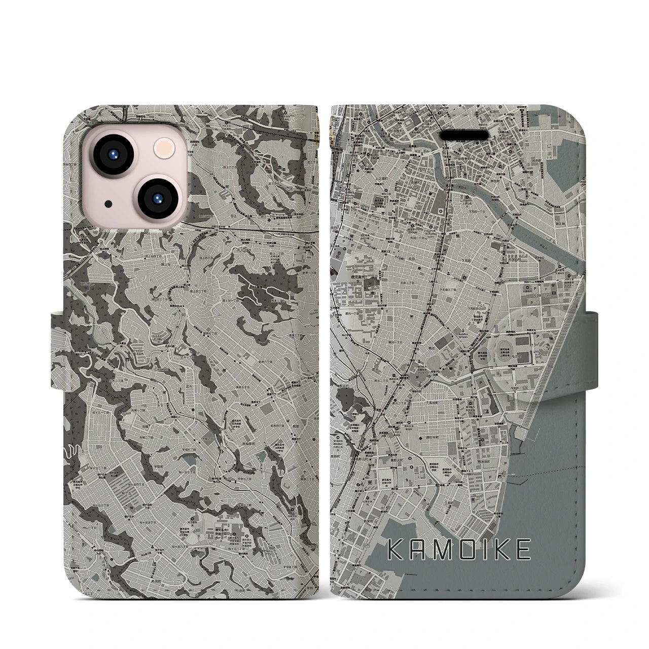 【鴨池(鹿児島県)】地図柄iPhoneケース(手帳タイプ)モノトーン・iPhone 13 mini 用