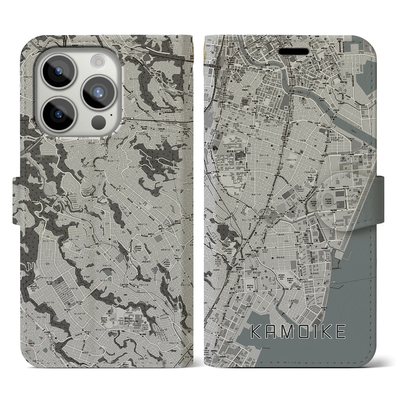 【鴨池(鹿児島県)】地図柄iPhoneケース(手帳タイプ)モノトーン・iPhone 15 Pro 用