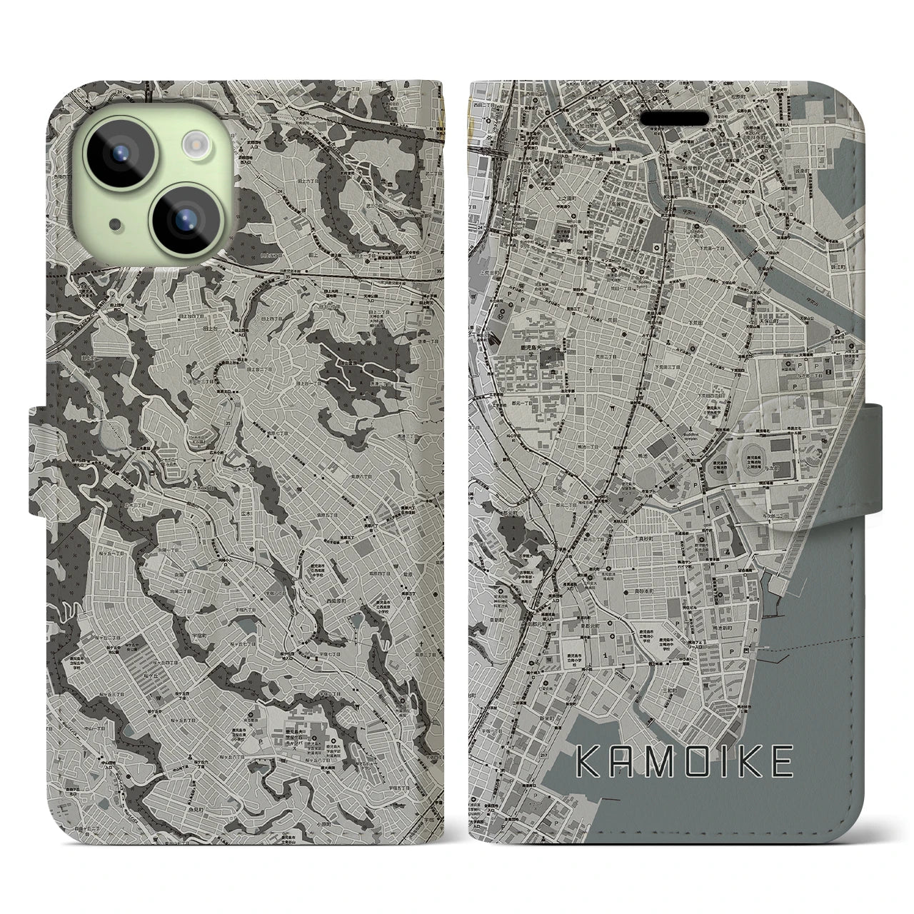 【鴨池(鹿児島県)】地図柄iPhoneケース(手帳タイプ)モノトーン・iPhone 15 用