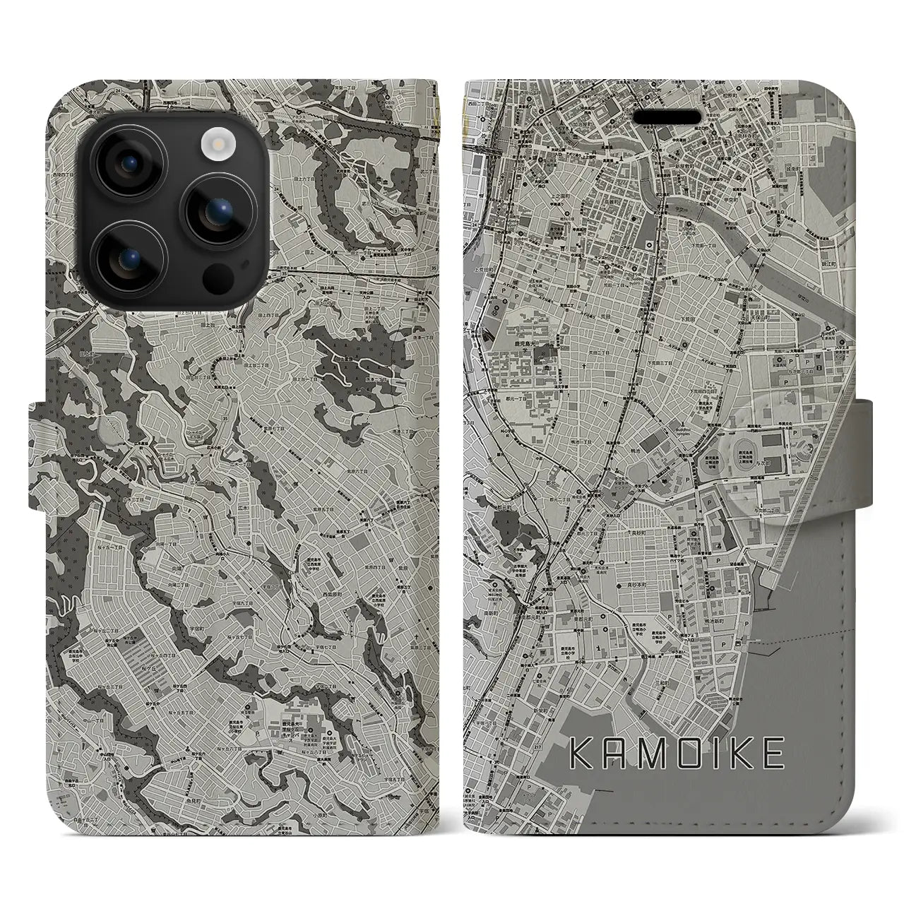 【鴨池(鹿児島県)】地図柄iPhoneケース(手帳タイプ)モノトーン・iPhone 16 用