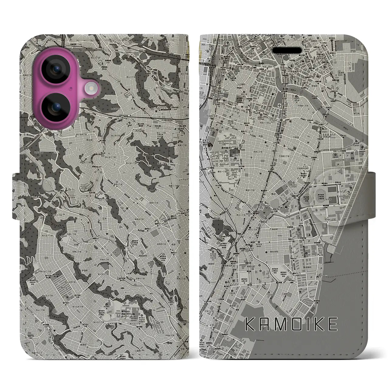 【鴨池(鹿児島県)】地図柄iPhoneケース(手帳タイプ)モノトーン・iPhone 16 Pro 用