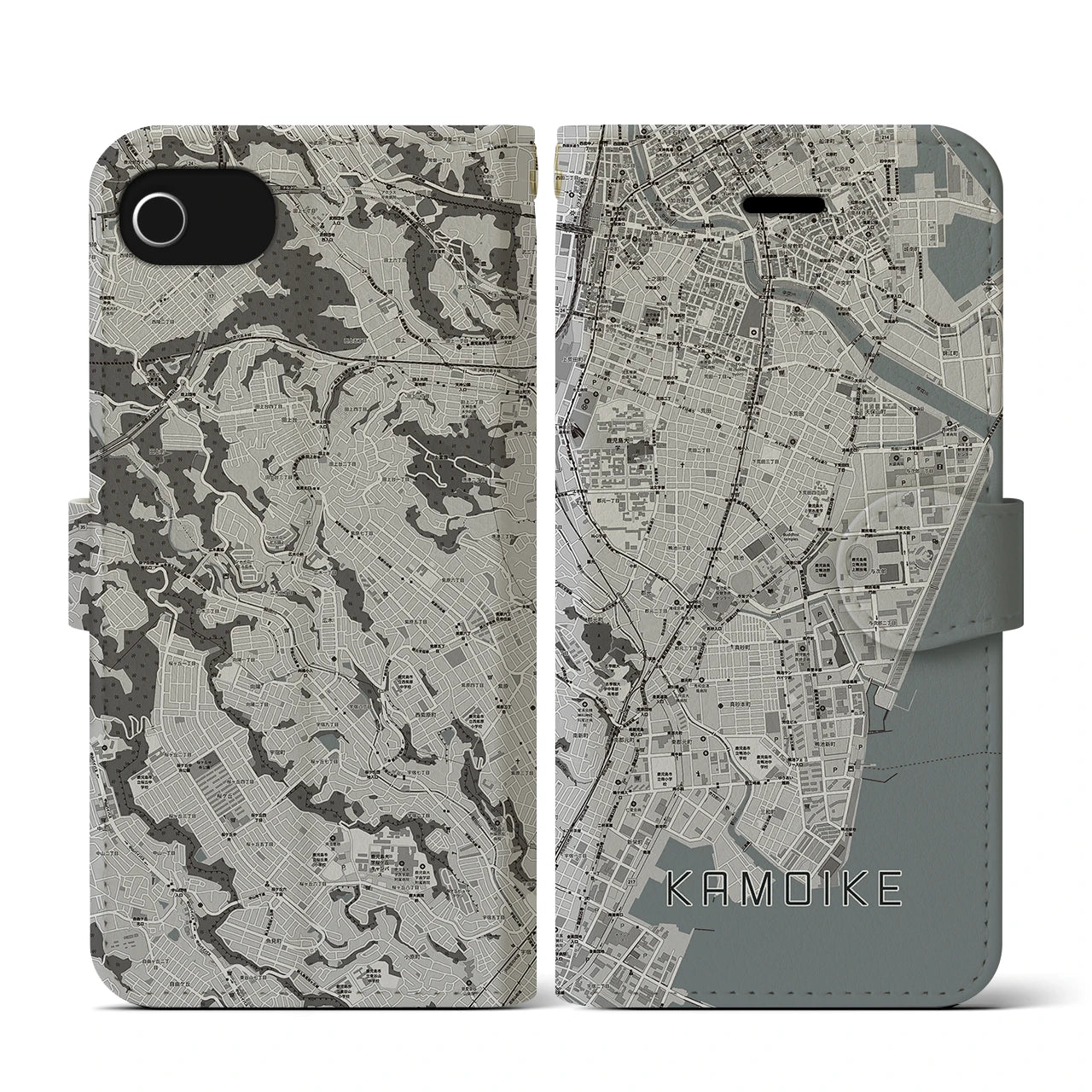 【鴨池(鹿児島県)】地図柄iPhoneケース(手帳タイプ)モノトーン・iPhone SE(第3 / 第2世代) / 8 / 7 / 6s / 6 用