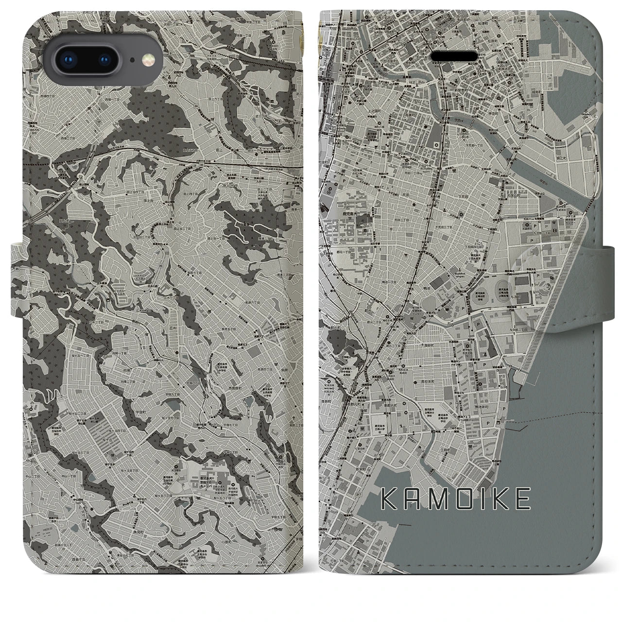 【鴨池(鹿児島県)】地図柄iPhoneケース(手帳タイプ)モノトーン・iPhone 8Plus /7Plus / 6sPlus / 6Plus 用
