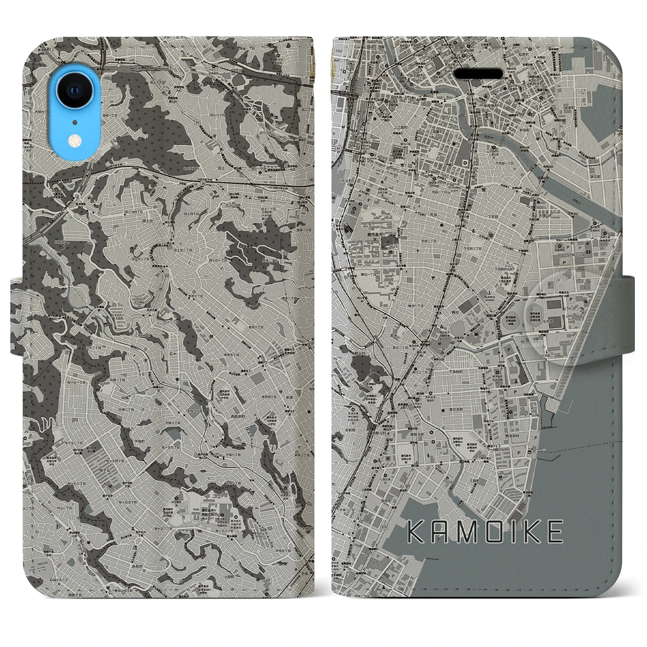 【鴨池(鹿児島県)】地図柄iPhoneケース(手帳タイプ)モノトーン・iPhone XR 用
