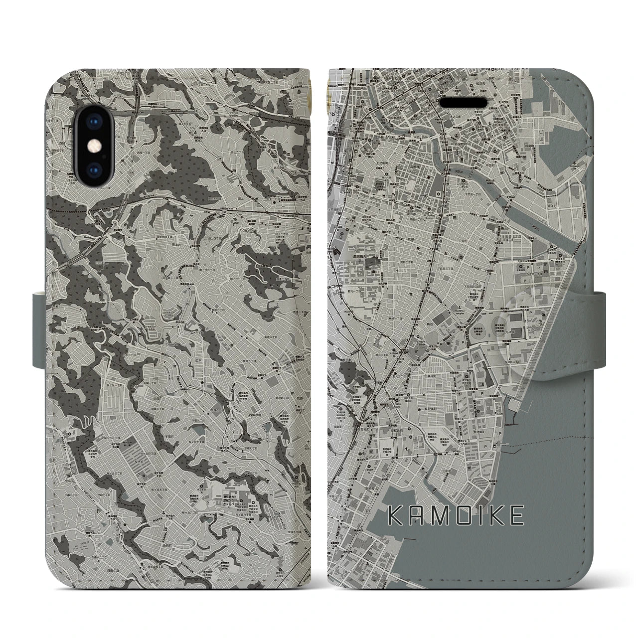 【鴨池(鹿児島県)】地図柄iPhoneケース(手帳タイプ)モノトーン・iPhone XS / X 用