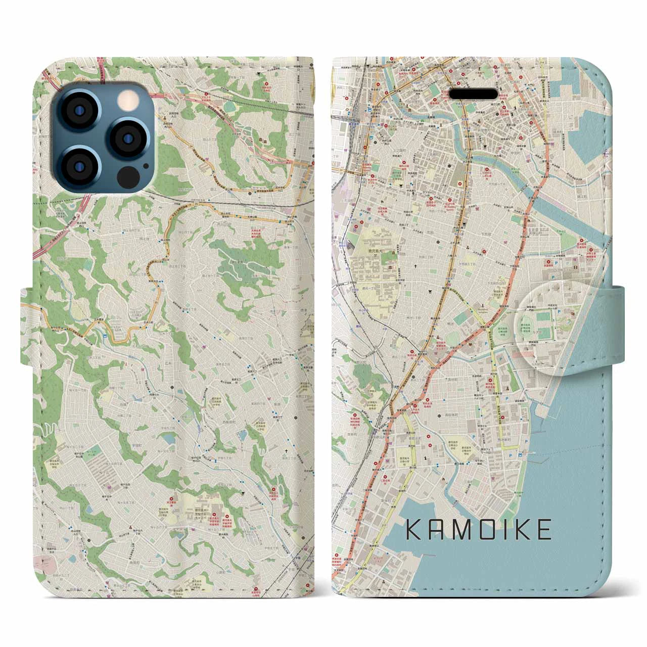 【鴨池(鹿児島県)】地図柄iPhoneケース(手帳タイプ)ナチュラル・iPhone 12 / 12 Pro 用