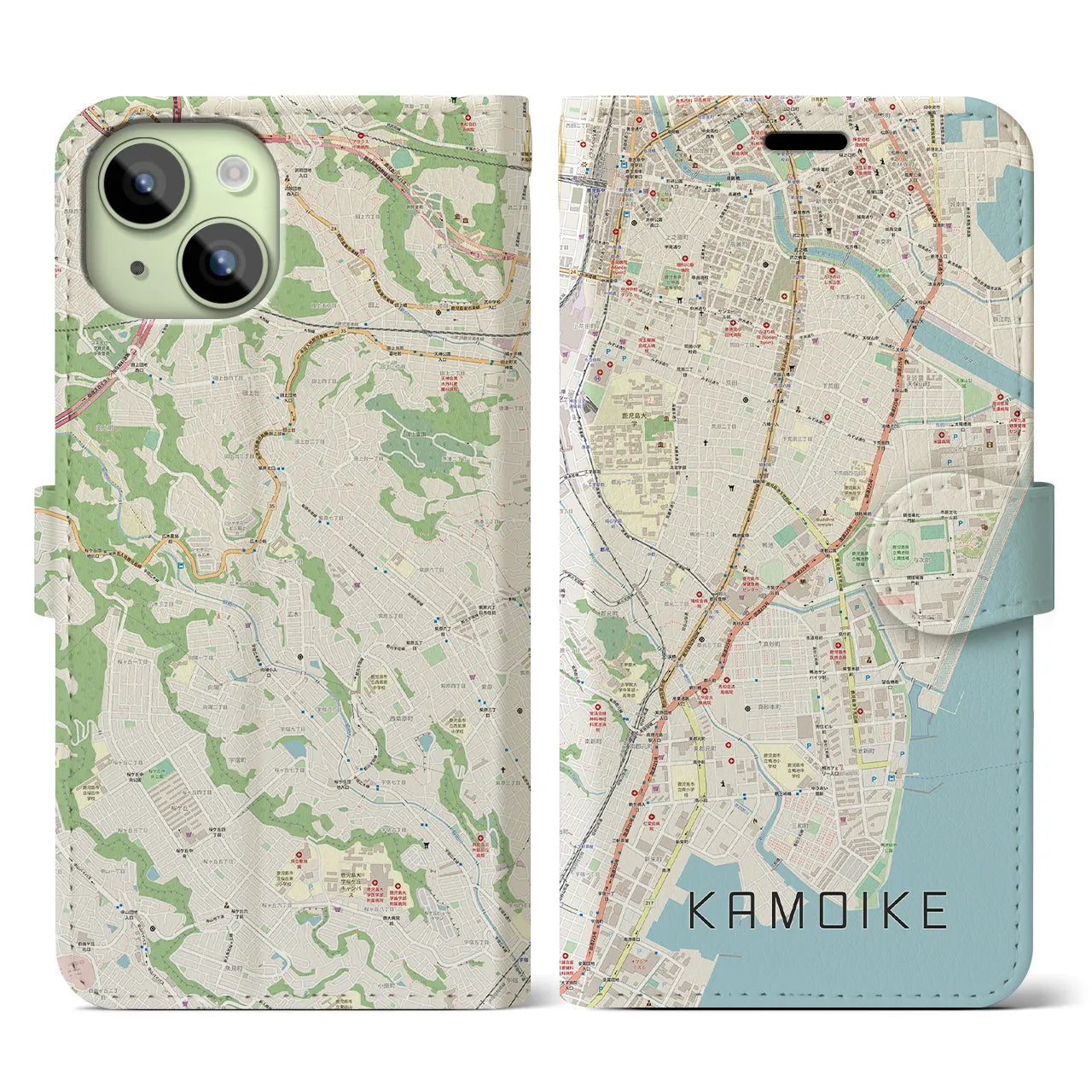 【鴨池(鹿児島県)】地図柄iPhoneケース(手帳タイプ)ナチュラル・iPhone 15 用