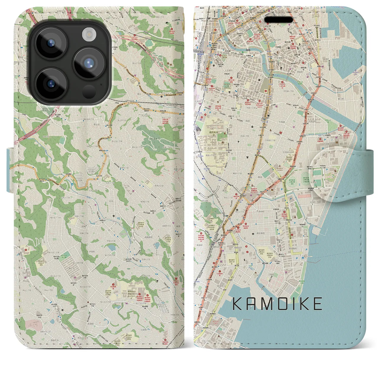 【鴨池(鹿児島県)】地図柄iPhoneケース(手帳タイプ)ナチュラル・iPhone 15 Pro Max 用