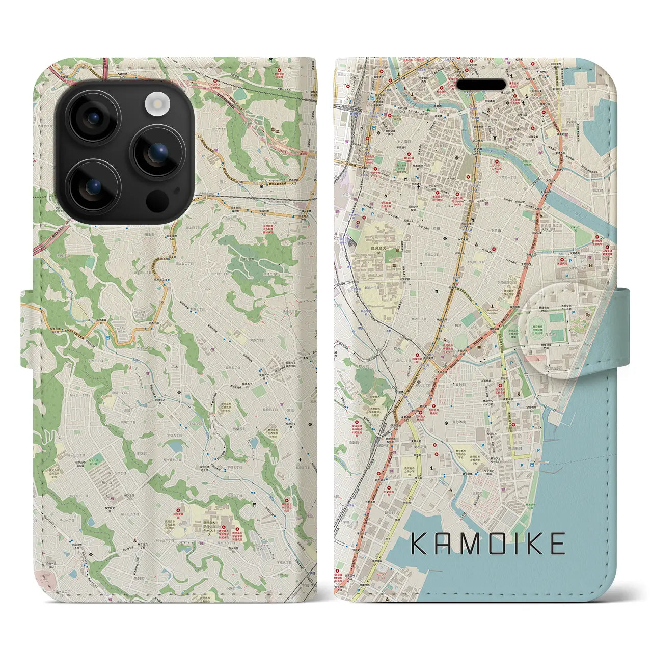 【鴨池(鹿児島県)】地図柄iPhoneケース(手帳タイプ)ナチュラル・iPhone 16 用