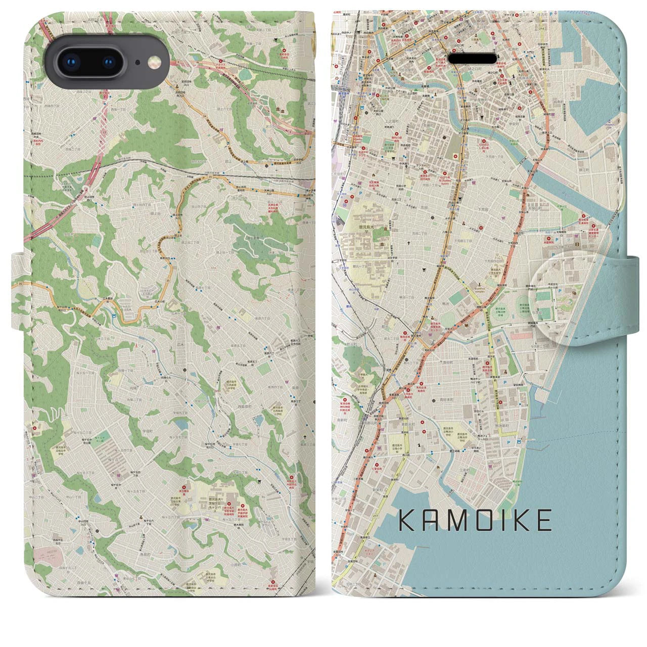 【鴨池(鹿児島県)】地図柄iPhoneケース(手帳タイプ)ナチュラル・iPhone 8Plus /7Plus / 6sPlus / 6Plus 用