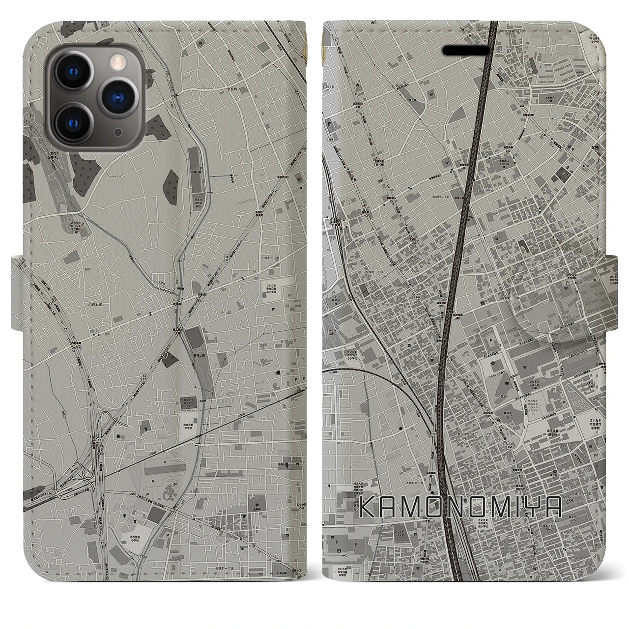 【加茂宮(埼玉県)】地図柄iPhoneケース(手帳タイプ)モノトーン・iPhone 11 Pro Max 用