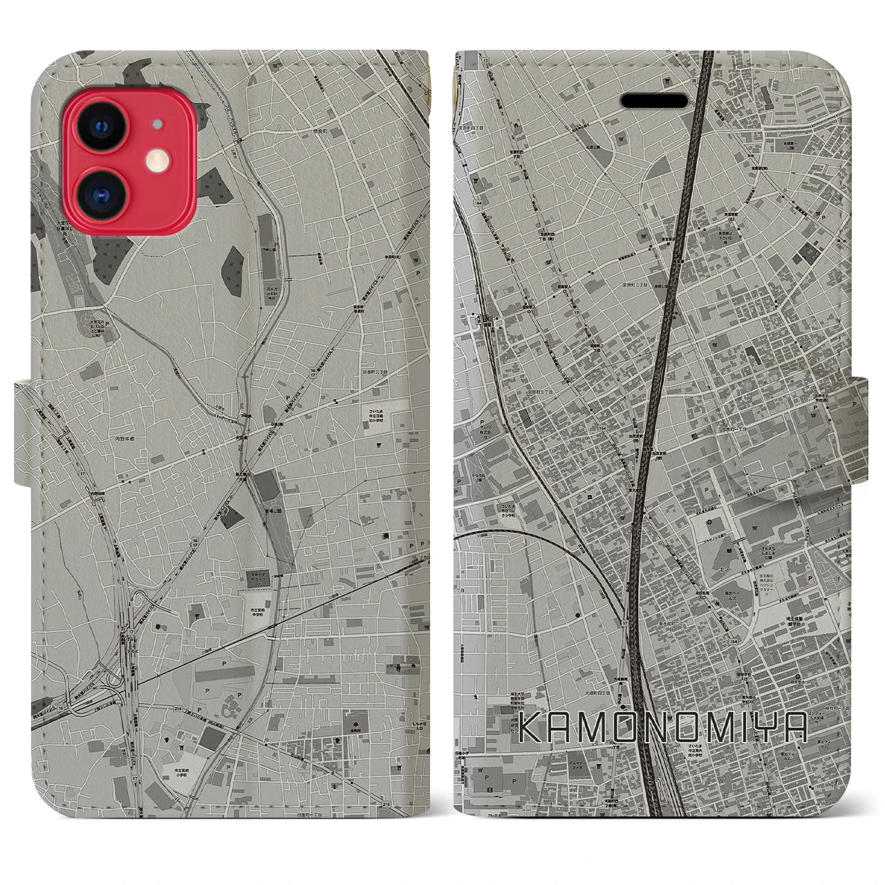 【加茂宮(埼玉県)】地図柄iPhoneケース(手帳タイプ)モノトーン・iPhone 11 用