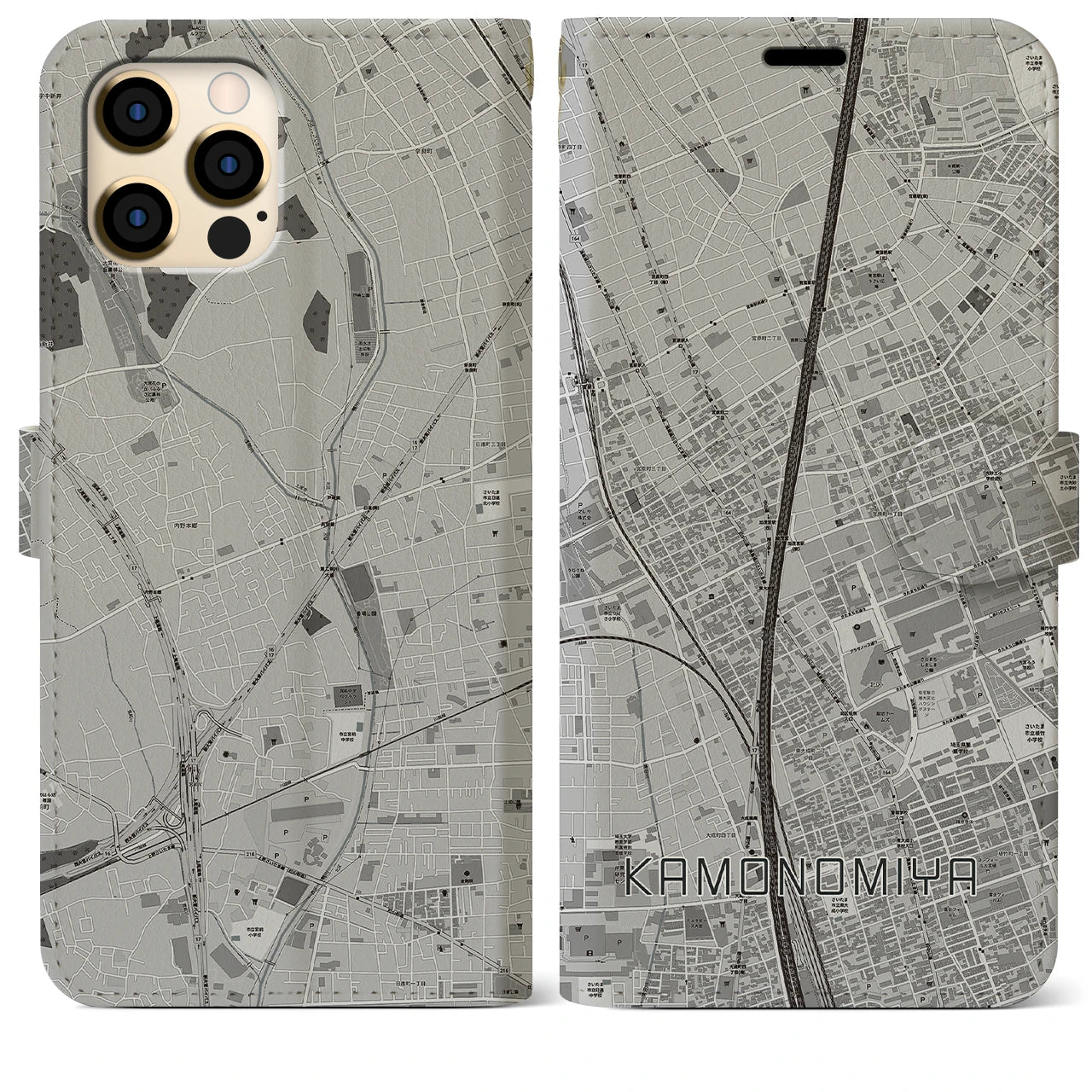 【加茂宮(埼玉県)】地図柄iPhoneケース(手帳タイプ)モノトーン・iPhone 12 Pro Max 用