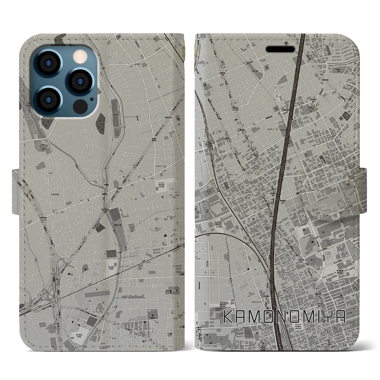 【加茂宮(埼玉県)】地図柄iPhoneケース(手帳タイプ)モノトーン・iPhone 12 / 12 Pro 用