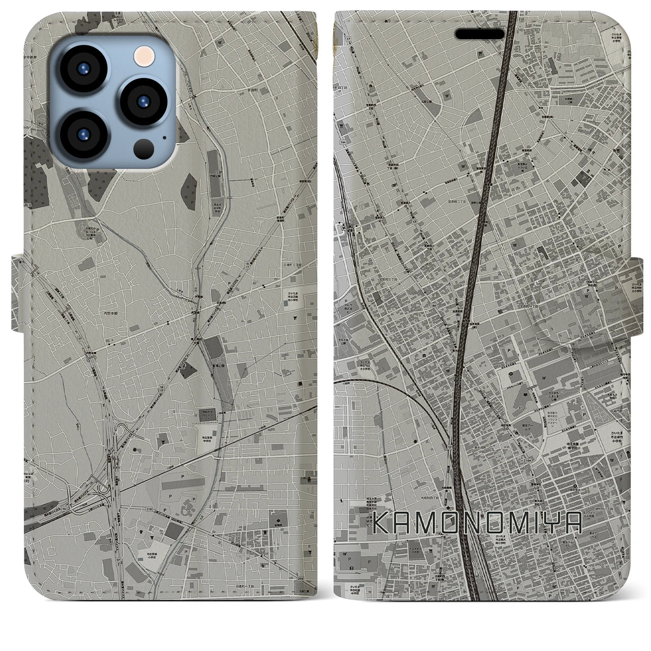 【加茂宮(埼玉県)】地図柄iPhoneケース(手帳タイプ)モノトーン・iPhone 13 Pro Max 用