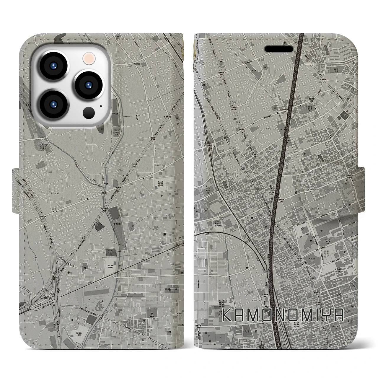 【加茂宮(埼玉県)】地図柄iPhoneケース(手帳タイプ)モノトーン・iPhone 13 Pro 用