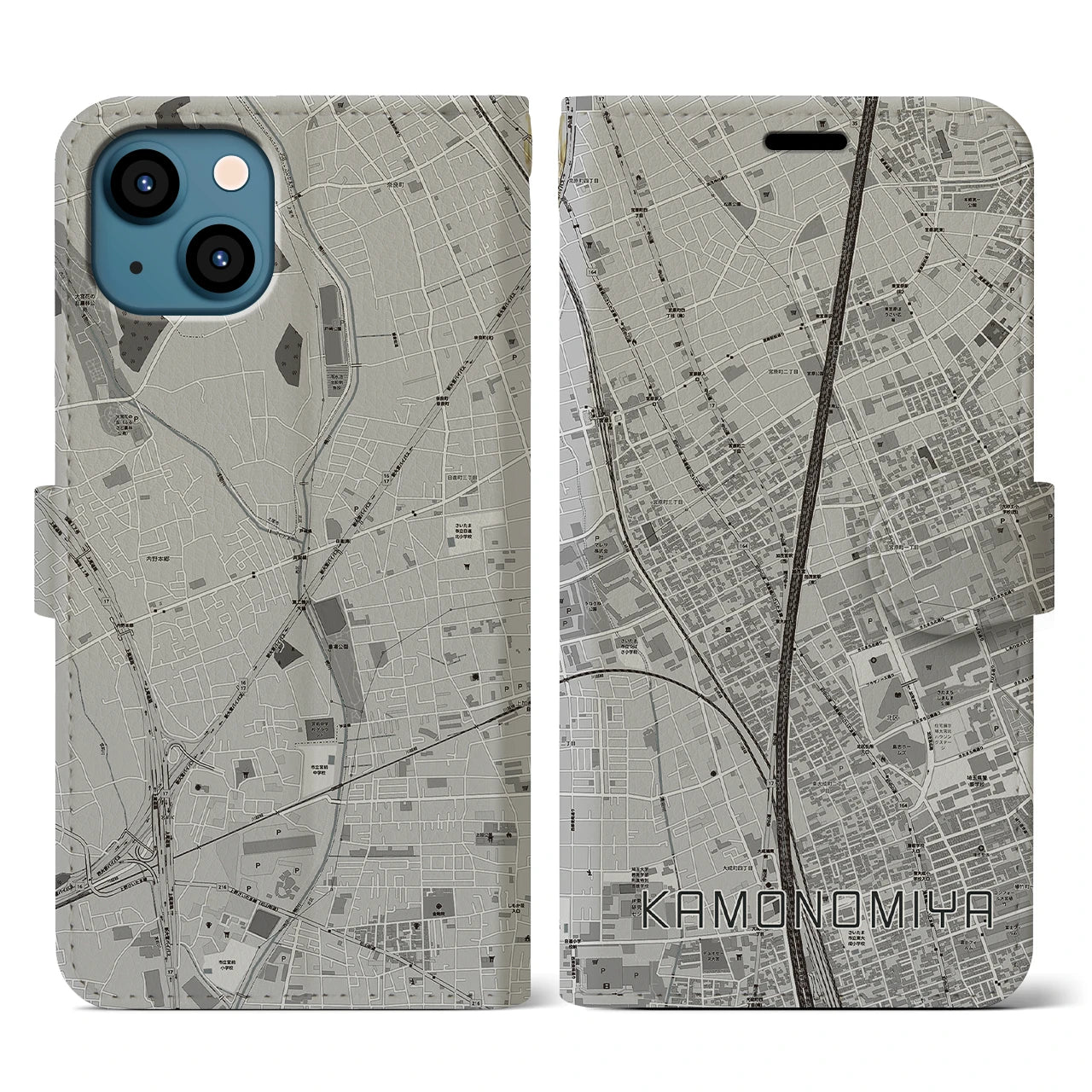 【加茂宮(埼玉県)】地図柄iPhoneケース(手帳タイプ)モノトーン・iPhone 13 用
