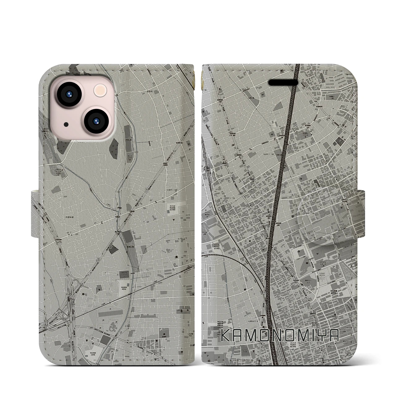 【加茂宮(埼玉県)】地図柄iPhoneケース(手帳タイプ)モノトーン・iPhone 13 mini 用