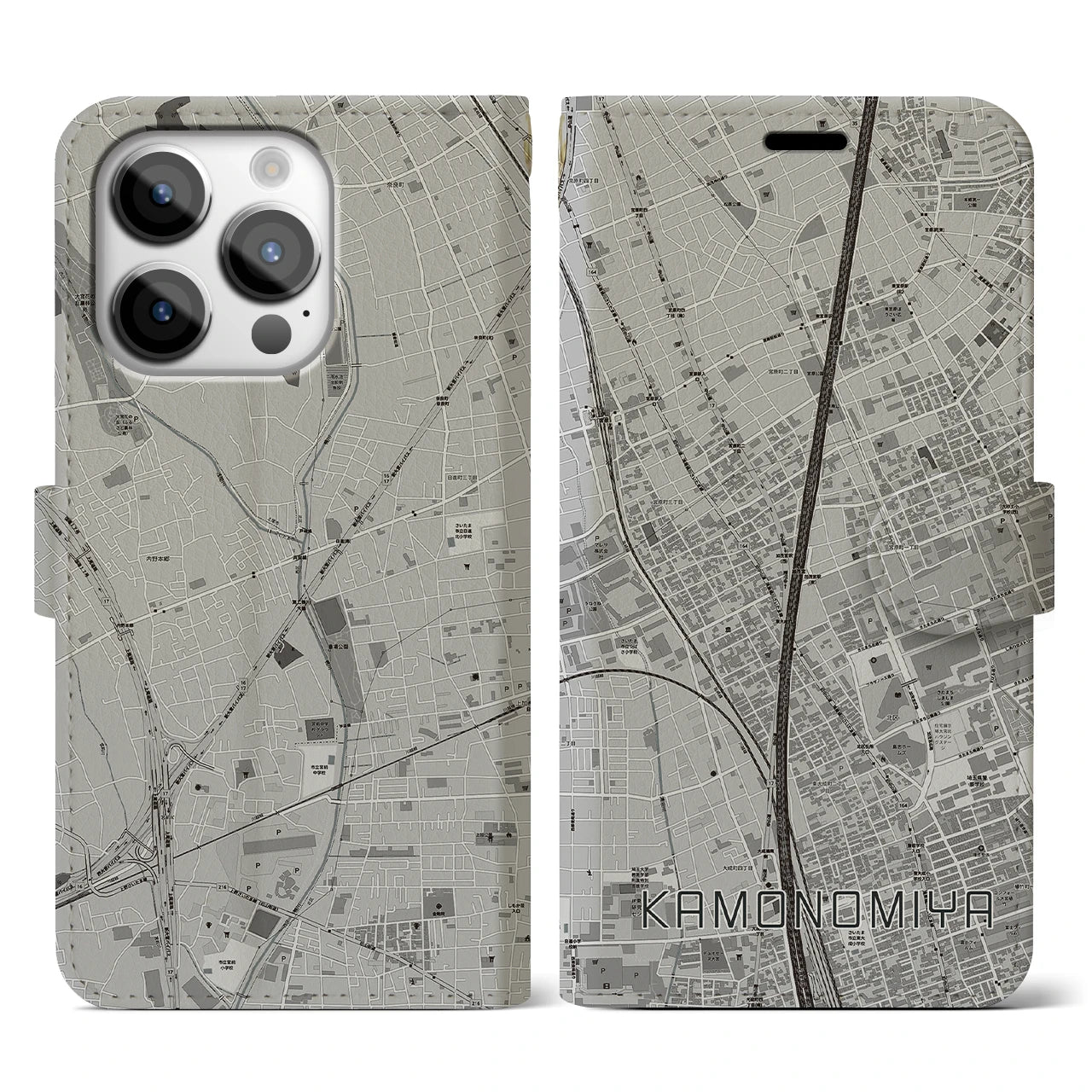 【加茂宮(埼玉県)】地図柄iPhoneケース(手帳タイプ)モノトーン・iPhone 14 Pro 用