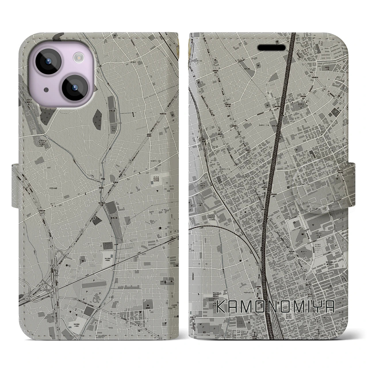 【加茂宮(埼玉県)】地図柄iPhoneケース(手帳タイプ)モノトーン・iPhone 14 用