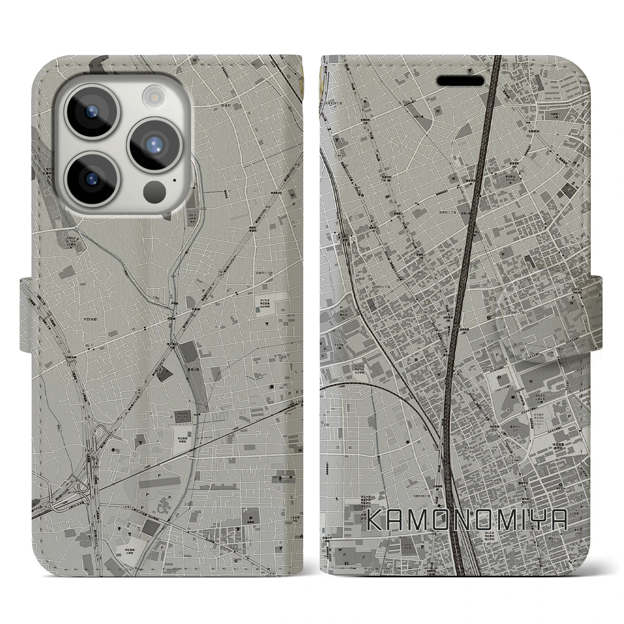 【加茂宮(埼玉県)】地図柄iPhoneケース(手帳タイプ)モノトーン・iPhone 15 Pro 用