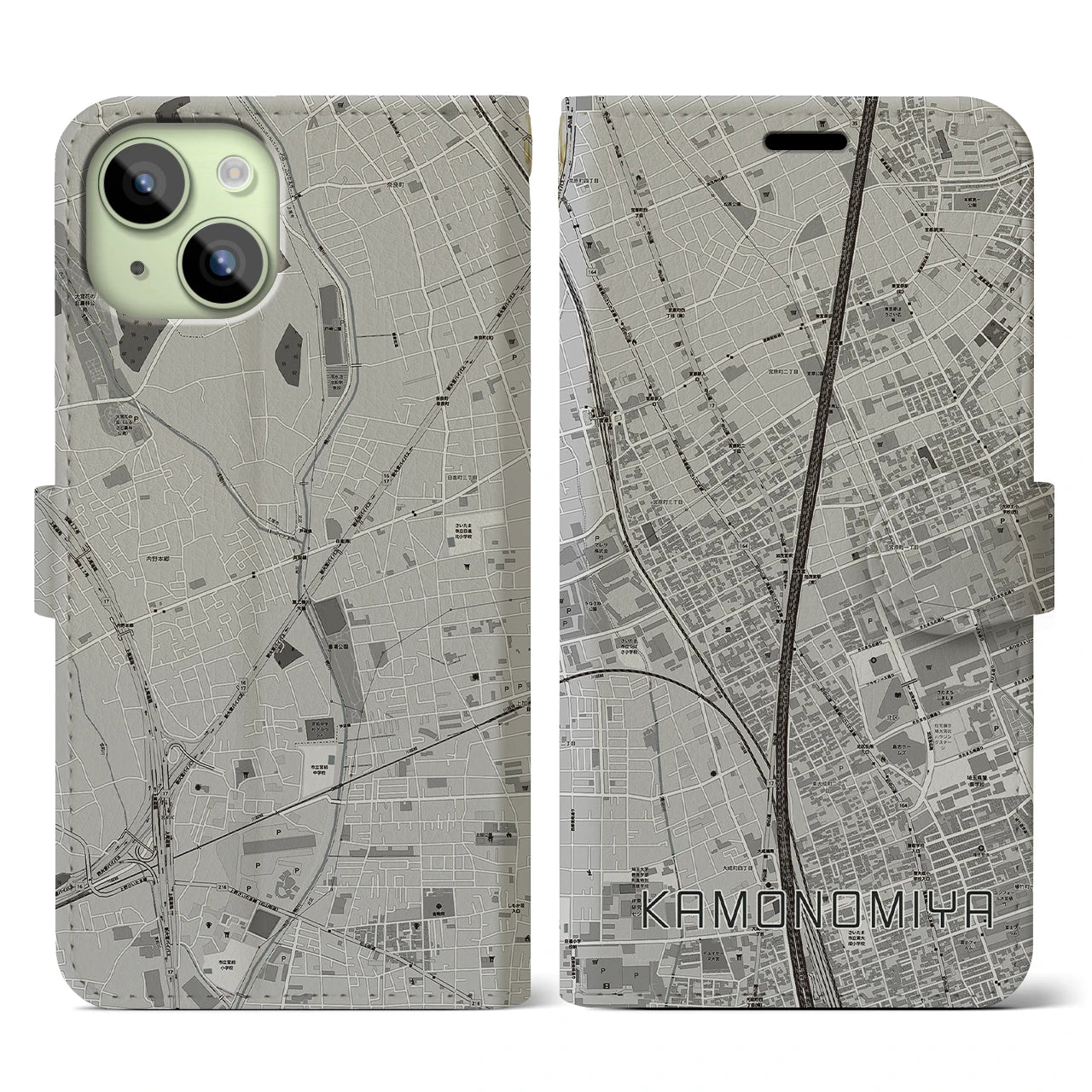 【加茂宮(埼玉県)】地図柄iPhoneケース(手帳タイプ)モノトーン・iPhone 15 用